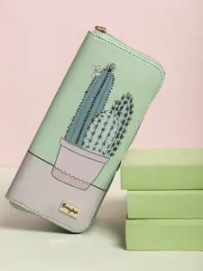 Berrylush Women Green & Pink Printed Zip Detail Zip Around Wallet
