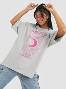 Styli Women Grey & Pink Printed Extended Sleeves Oversized Cotton T-shirt