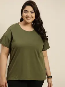 Sztori Women Plus Size Solid Drop-Shoulder Sleeves T-shirt