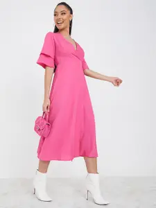 Styli Pink Flared Sleeves Wrap Midi Dress
