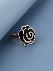 SOHI Gold-Plated Stone Studded Black Rose Shape Finger Ring