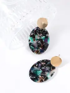 SOHI Women Gold Plated Black & Green Oval Drop Earrings