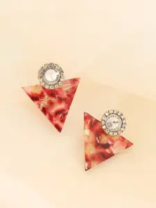 SOHI Women Gold Plated Maroon & White Triangular Studs Earrings