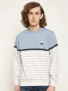 Octave Men Blue Striped Fleece Sweatshirt
