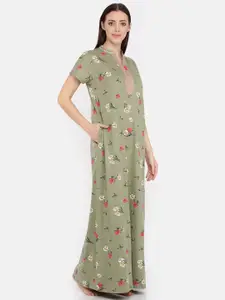 9shines Label Women Green Printed Pure Cotton Maxi Nightdress