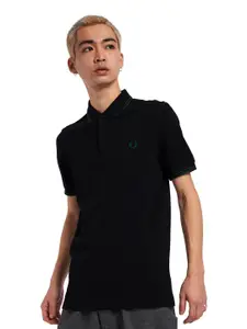 Fred Perry Men Black & Green Polo Collar Pure Cotton T-shirt
