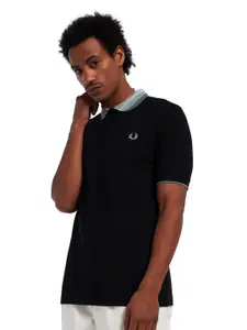 Fred Perry Men Black & Blue Polo Collar Pure Cotton T-shirt