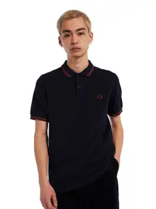 Fred Perry Men Navy Blue Polo Collar Pure Cotton T-shirt