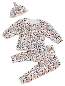Creative Kids Girls Cream-Coloured & Black Printed T-shirt with Pyjamas