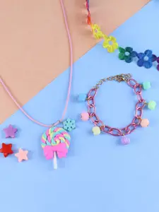 Asthetika Kids Candy Charm Pink & Purple Handcrafted Beaded Necklace Bracelet Set