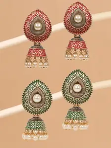 OOMPH Green & Maroon Set Of 2 Dome Shaped Jhumkas Earrings