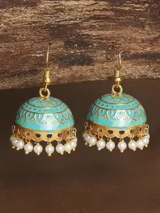OOMPH Green & Gold-Toned Dome Shaped Jhumkas Earrings