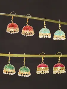 OOMPH Green & Red Set Of 4 Dome Shaped Jhumkas Earrings