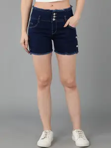 F2M Women Navy Blue Slim Fit High-Rise Denim Shorts