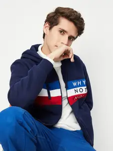 max Men Blue Printed Hooded Sweatshirt