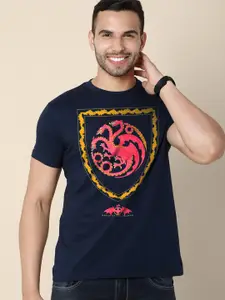 Free Authority Men House Of Dragon Navy Blue & Yellow Printed Cotton T-shirt
