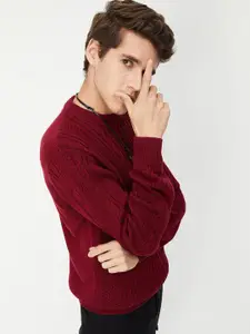 max Men Red Cable Knit Pure Cotton Pullover