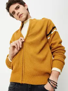 max Men Yellow & White Cable Knit ACrylic Cardigan