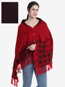 JoE Hazel Women Red & Black Longline Acrylic Poncho
