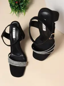 ELLE Women Black & Silver-Toned Embellished Block Heels