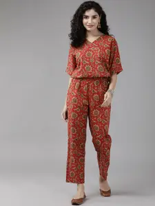 Amirah s Women Red & Beige Printed Top with Trousers