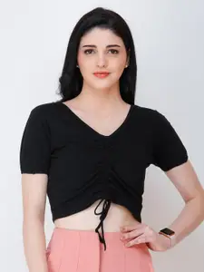 Cation Black Solid Ruched Crop Top