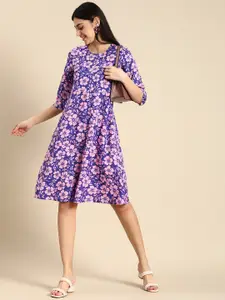 Anouk Round Neck Floral Printed Knee Length A-Line Ethnic Dress
