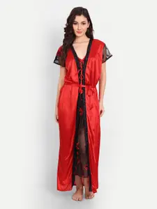 FIMS Embroidered Satin Maxi Nightdress With Robe & Thong Panty