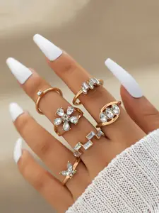Jewels Galaxy Set Of 6 Gold-Plated Stone Studded Stackable Finger Rings