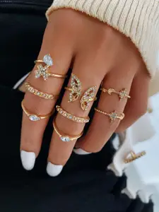 Jewels Galaxy Set Of 8 Gold-Plated Contemporary Butterfly inspired Stackable Rings