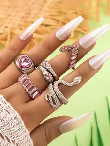 Jewels Galaxy Women Set Of 5 Sliver-Plated Heart-Snake inspired Stackable Rings Stackable Finger Rings