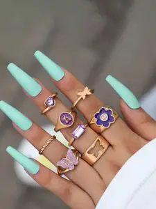 Jewels Galaxy Set of 8 Gold Plated Butterfly-Floral Finger Ring