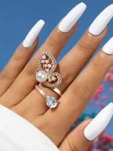 Jewels Galaxy Gold-Plated Stone-Studded & Pearl Beaded Half Butterfly Cocktail Finger Ring