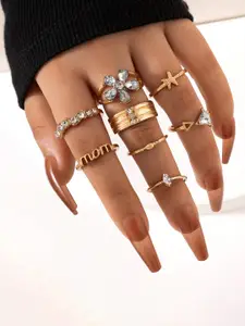 Jewels Galaxy Set Of 8 Gold-Plated & Stone-Studded MOM Floral Finger Rings