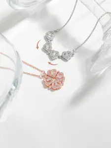 Jewels Galaxy Women Set Of 2 Rose Gold & Silver-Plated Heart Pendants With Chain
