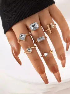 Jewels Galaxy Set Of 6 Gold-Plated Stone Studded Adjustable Finger Rings