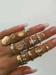 Jewels Galaxy Set Of 15 Gold-Plated & Stone Studded Stackable Finger Rings