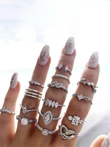 Jewels Galaxy Set Of 15 Silver-Plated Stone Studded Stackable Rings