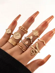 Jewels Galaxy Women Set of 10 Gold-Plated Snake Inspired Stackable Finger Ring