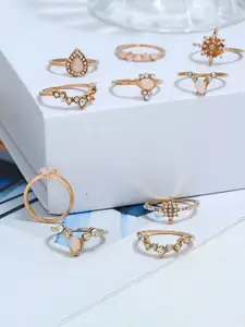 Jewels Galaxy Women Set of 10 Gold-Plated Stone-Studded Finger Rings