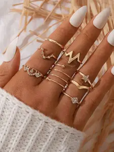 Jewels Galaxy Set Of 8 Gold-Plated Stone Studded Stackable Finger Rings