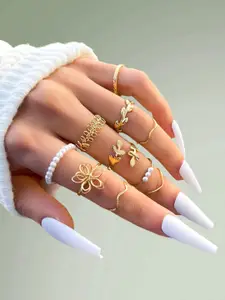 Jewels Galaxy Set Of 10 Gold-Plated White Stone-Studded Adjustable Finger Ring