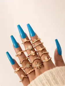 Jewels Galaxy Women Set of 16 Gold-Plated Gold Stone-Studded Finger Rings