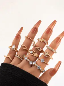 Jewels Galaxy Women Set of 16 Gold-Plated White Stone-Studded Finger Rings