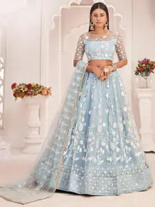 FABPIXEL Blue & White Embroidered Thread Work Semi-Stitched Lehenga & Unstitched Blouse With Dupatta