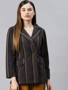 Cottinfab Women Striped Pure Cotton Double-Breasted Slim-fit Blazer