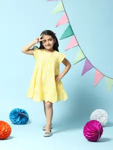 Biba Yellow Floral Cotton Embroidered Ethnic A-Line Dress