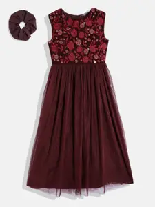 Allen Solly Junior Girls Floral Embroidered Net Maxi Fit & Flare Party Dress