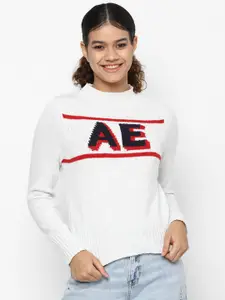AMERICAN EAGLE OUTFITTERS Women White & Red Typography Printed Pullover