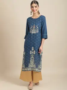 Sangria Floral Printed Bell Sleeves Sequins Straight Regular Kurta